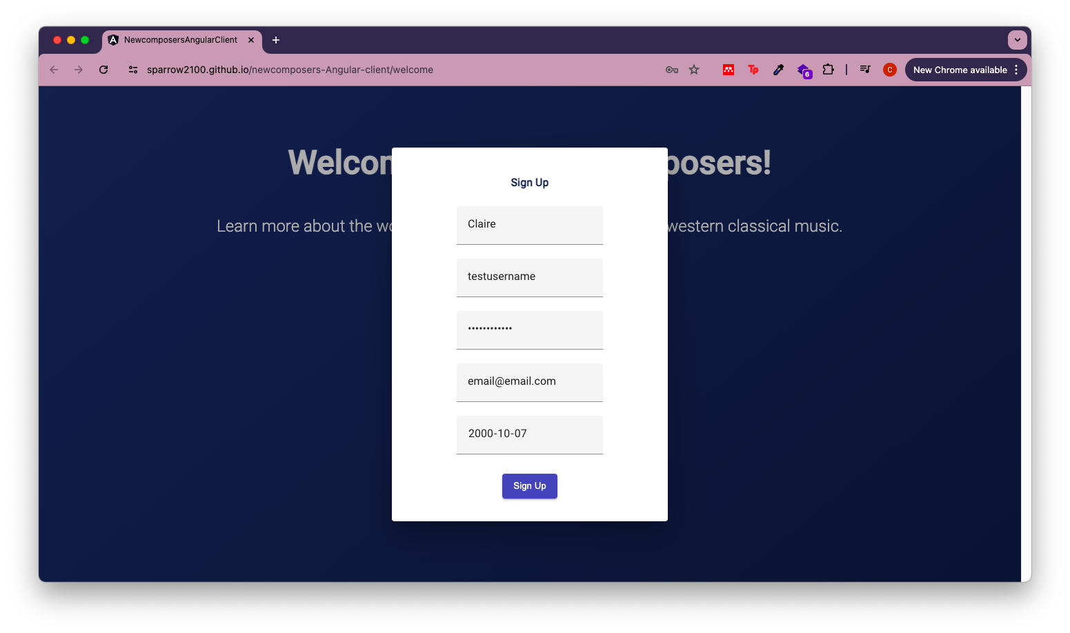 Angular app sign up view