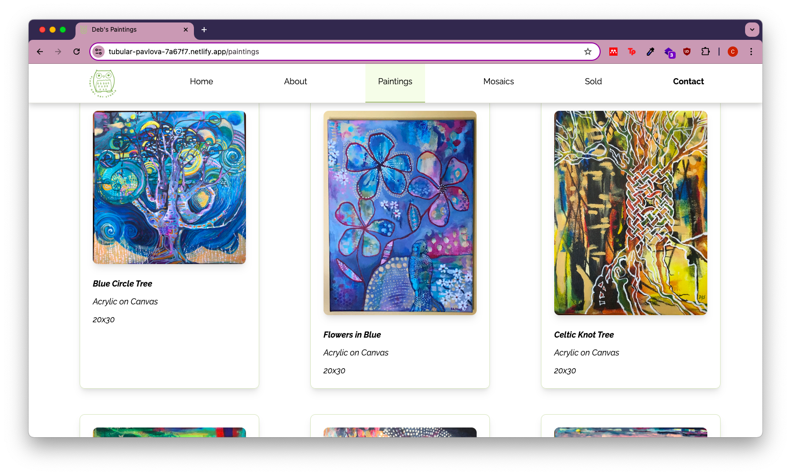 A screenshot of the paintings page.
