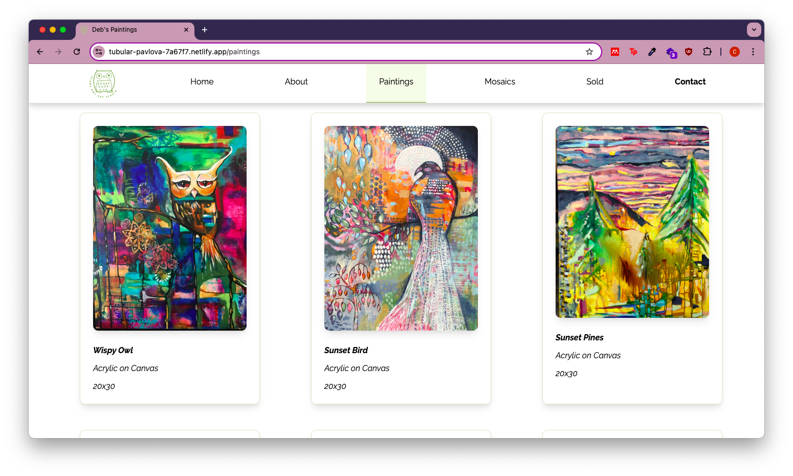 A screenshot of the paintings page.