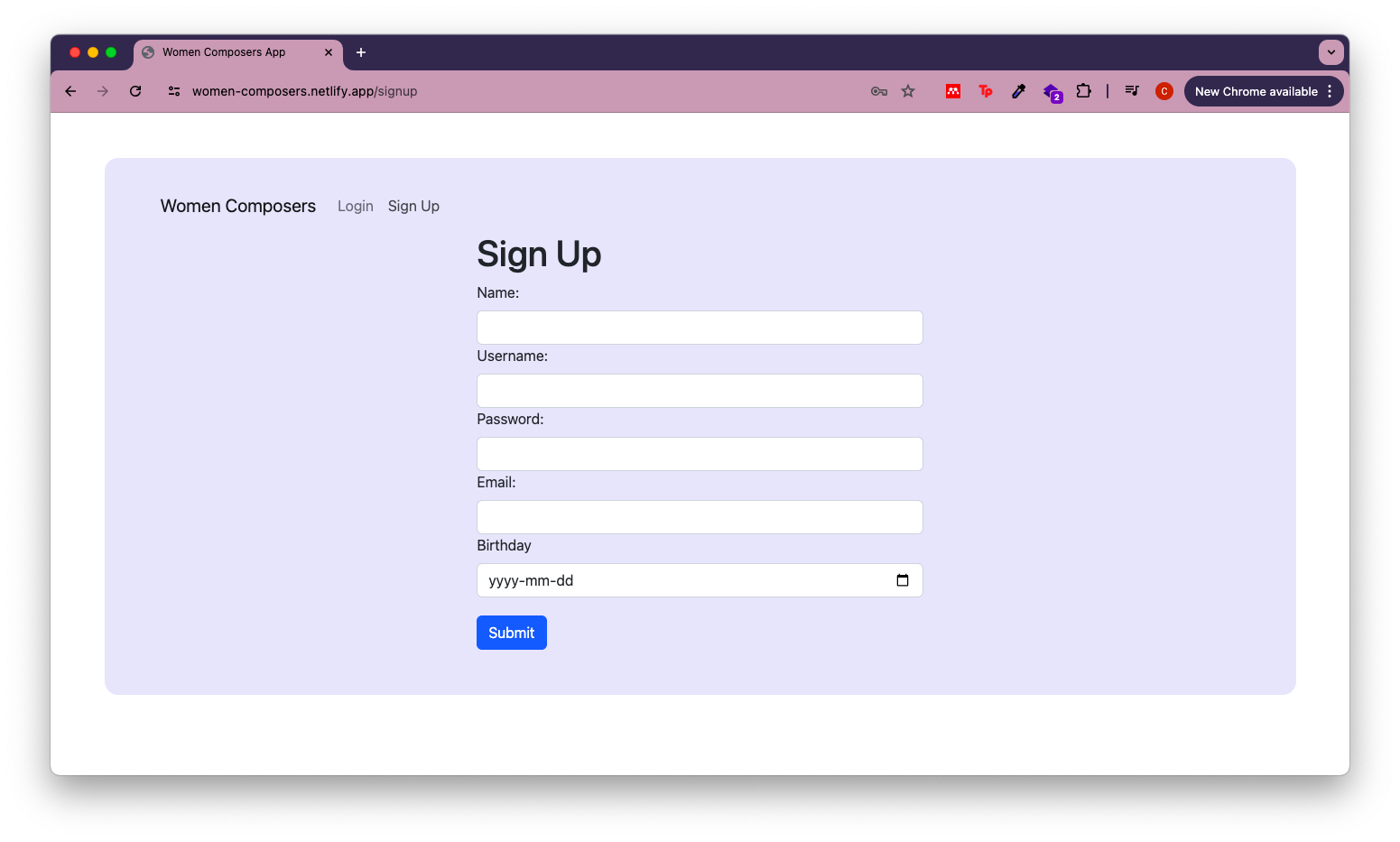 react app sign up screenshot