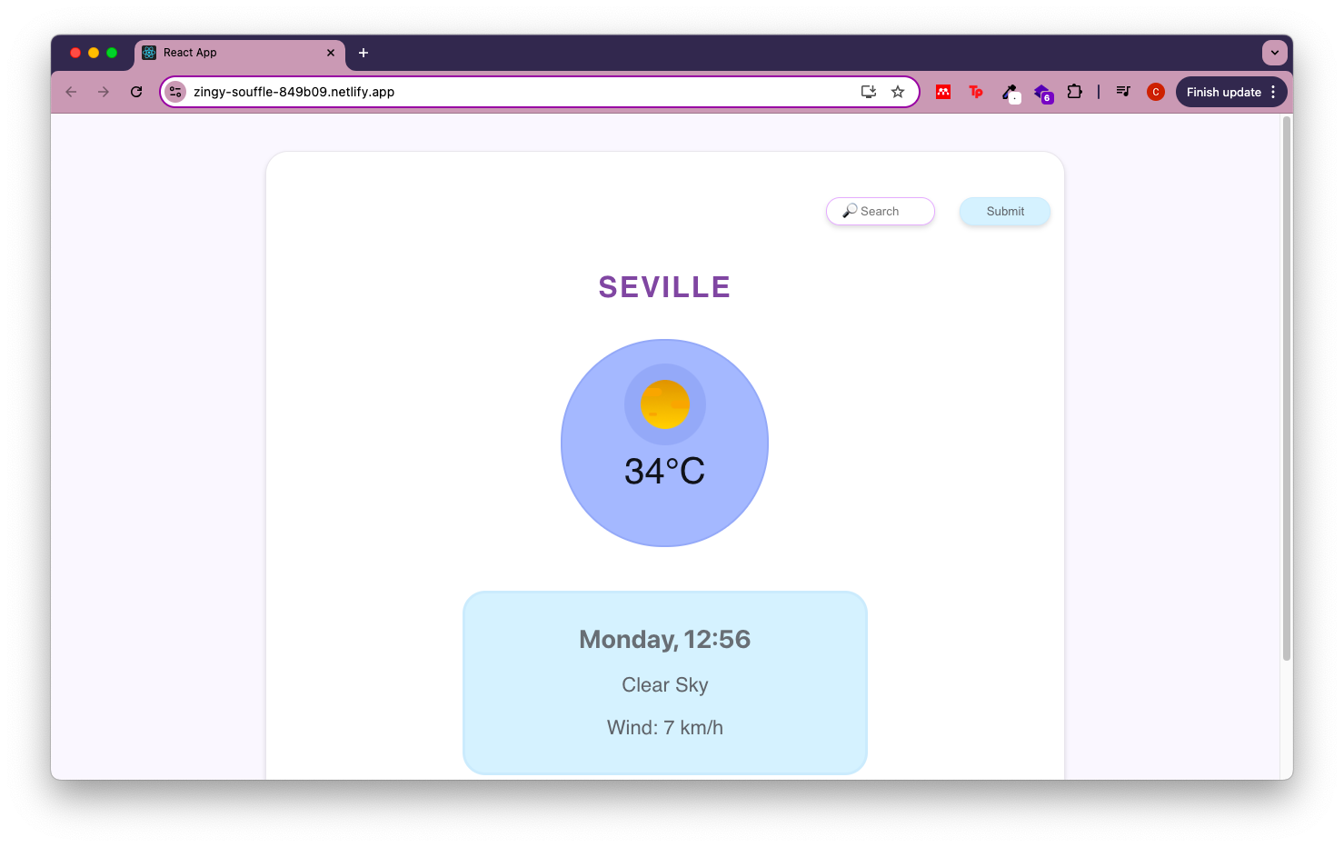 Weather app screenshot showing the weather in Seville.